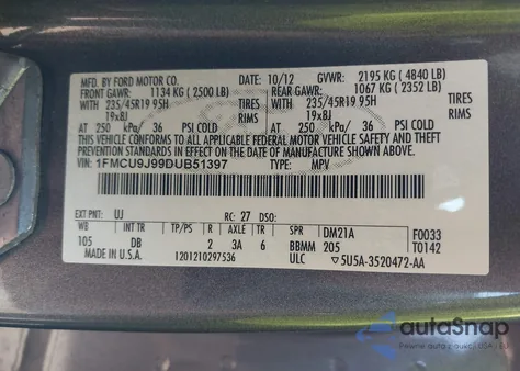 2013 Ford Escape Titanium из США, поврежденный, VIN 1FMCU9J99DUB51397